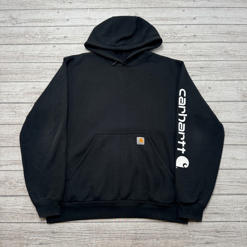 Carhartt Hoodie Men's Large Black Original Fit Spellout Sleeve Fleece Pullover